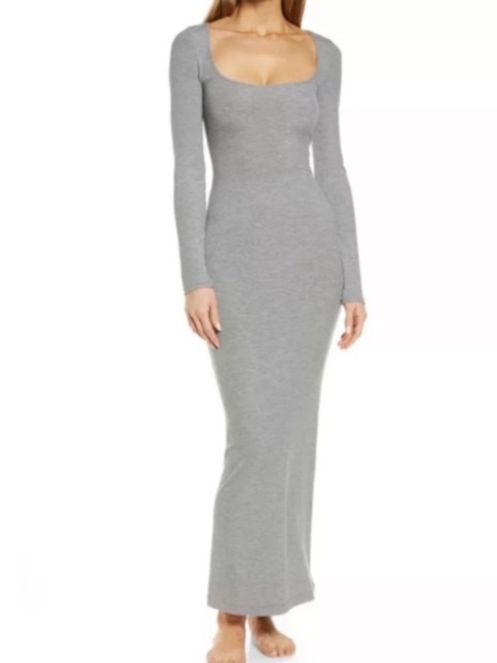 Skims Lounge Long Sleeve Ribbed Heathered Gray Square Neck Maxi Dress Small